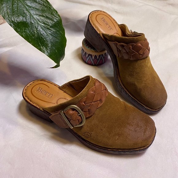 Born Shoes - Born "Hally" Clogs Rust Suede Leather Square Toe Braided Buckle Womens Sz 8